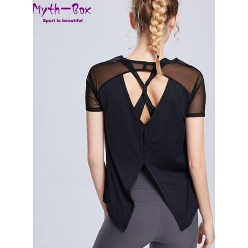 Summer Sport Shirts Women Mesh Patchwork Yoga Shirts Thin Back Forked Hollow Out T-shirt Gym Fitness Running Workout Tops Blouse
