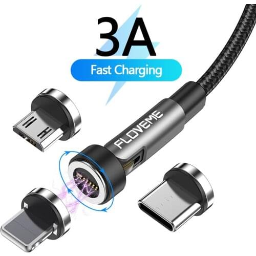 FLOVEME 540 Degree Roating Magnetic Charger Cable 3 in 1 Micro USB Lightning Cable For iPhone 12 pro 11 Type c Wire for Charging
