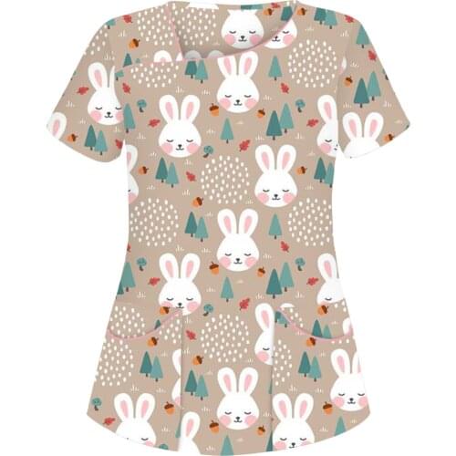 Cute Cartoon Rabbit Graphic Tee 2021 Summer Women Health Care Workers Nurse Uniform Casual Working Tops Gorro Enfermera A40