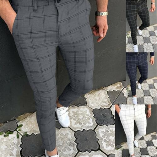Mens Business Casual Striped Skinny Long Trousers Office Slim Fit Pants