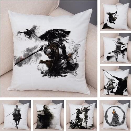 Water Color Chinese Kung Fu Pillow Case Cartoon Ink Short Plush 45*45 cm Decor Printed Cushion Cover for Sofa Home Pillow Covers