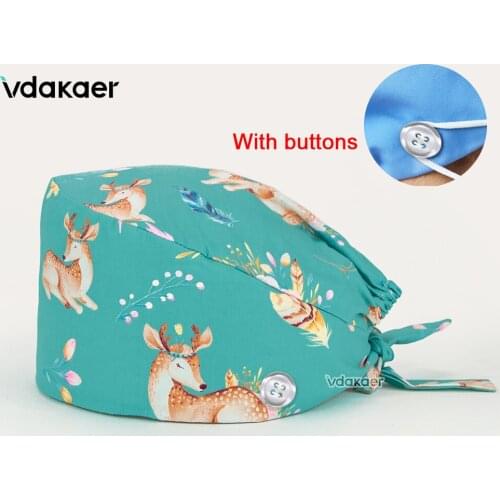 The new Hot sell Scrubs hat Dust hat Clean and hygienic hat cartoon print pet shop Beauty salon work cap Lab with button cap