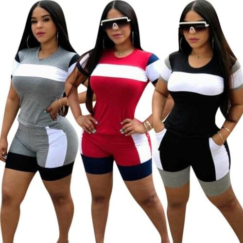 New Womens Stylish Short Sleeves Color Patchwork O Neck Casual Jumpsuit 2pcs
