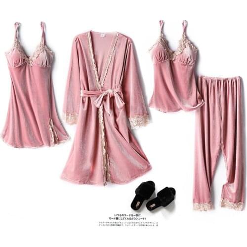 Autumn/Winter Velvet Nightdress With Long Sleeves And Sexy Golden Velvet Four-Piece Long Pajama Suit Lounge Intimate Lingerie
