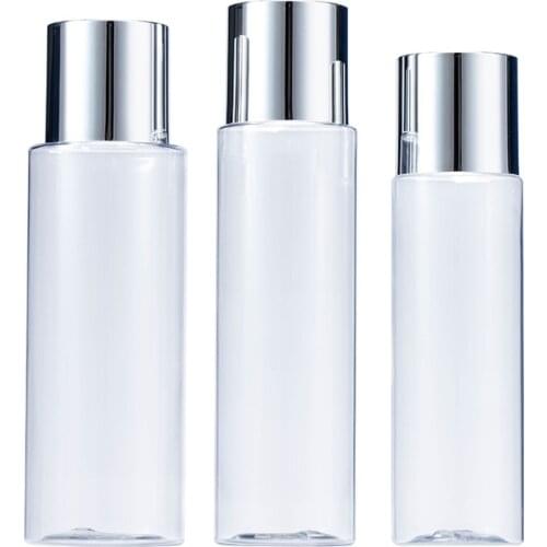 Empty PET Plastic Toner Bottle 150ml 200ml 250ml Transparent Cosmetic Container Packaging Shiny Silver Screw Lid 30pcs