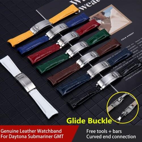 20mm Black Green Blue Curved End Genuine Soft Leather Watchband For Rolex strap For Daytona Submariner GMT Bracelet Watch Band