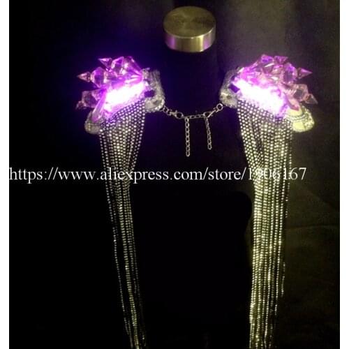 Pink Color Illuminate Women Fringed Epaulets Costume Led Luminous Nightclub Party Stage Crystal Ballroom Dress Clothes