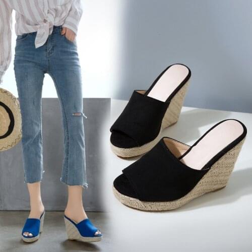 Slope heel sandals womens thick bottom summer large womens shoes 41-43 soft bottom high-heeled slippers slip resistant outdoor