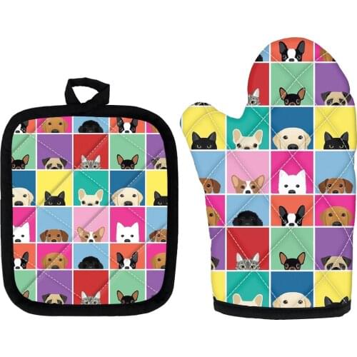 Cute Potholders Oven Mitts Microwave Baking Gloves Pug Dog Print Insulation Gloves and Mat Polyester Kitchen Gloves for Cooking