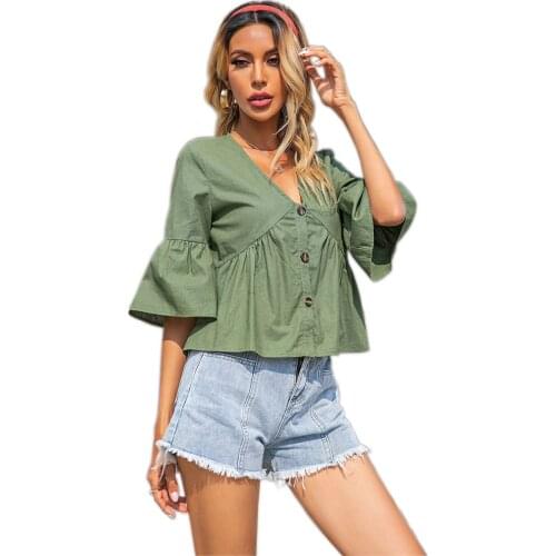 Womens 2021 Summer Top Loose Casual Shirt V-neck Single Breasted Solid Color Small Fresh Shirt Cardigan Top