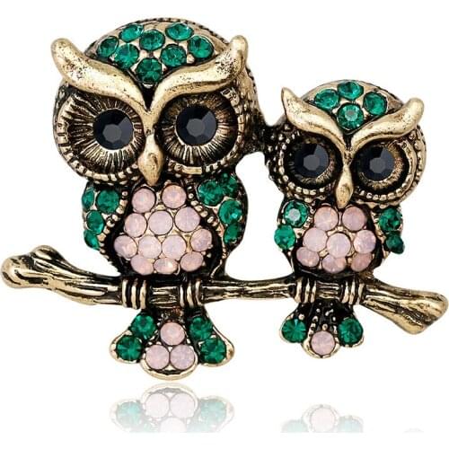 Vintage Rhinestone Animal Owl Mam and Kids Brooches Pin For Women Autumn Winter Design Clothing Jewelry Accessory AG138