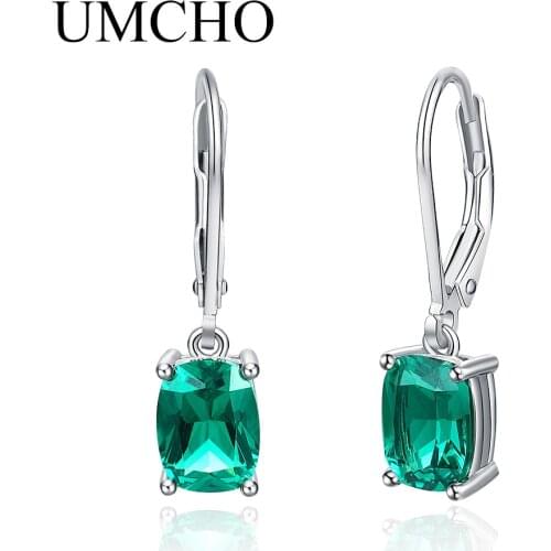 UMCHO Solid 925 Sterling Silver Dangle Earrings Emerald Gemstone Drop Earrings For Women Bridal Wedding Jewelry Gifts for Her