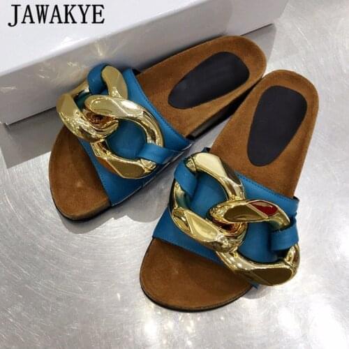 Real Leather Gold Chain Platform Slides Women Summer Thick Sole Open Toe Casual Mules Fashion Beach Slippers Sandalias Mujer