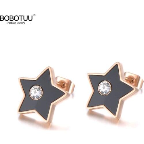 BOBOTUU Titanium Stainless Steel Black Acrylic Star Party Earrings For Women Rose Gold CZ Crystal Stud Earrings Jewelry BE19251