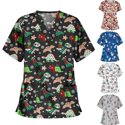 2021 Uniforme Enfermera Women Nurse Overalls Dinosaur Animal Print Short Sleeve V-neck Tops Working Uniform медицинская одеж q5