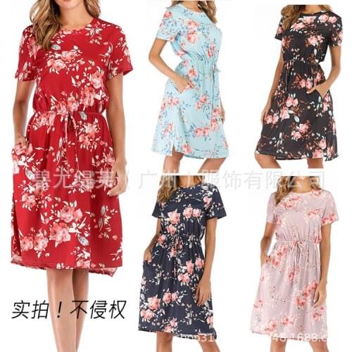Dress Women Summer 2021 Draw String Waist Receive Floral Printing Short Sleeve Knee Length Dresses Casual Vestidos BYT1963