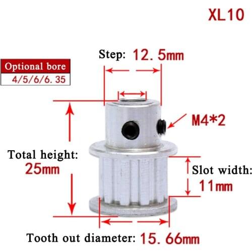 2PCS Inch Type 10 Teeth XL Timing pulley Bore 4/5/6/6.35/8mm for width 9.5mm XL Synchronous Belt 10-XL BF 10teeth 10T