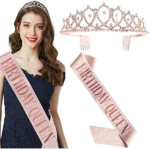 1 set Girl Birthday Party Decoration Glitter Sash Crystal Crown Tiara Birthday Shoulder Strap Anniversary Supplies