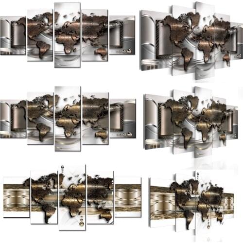 5 Pieces World Map Canvas Painting Modular Pictures HD Posters Prints for Living Room Library Office Wall Art Home Decor Hanging
