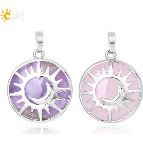 CSJA Sun & Moon Pendant Reiki Healing Natural Stone Purple White Crystal Quartz Beads for Jewelry Making Necklace Women Men F336