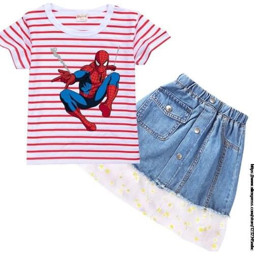 Disney Two-piece Children Sets Girls Denim Skirt +T-shirt Summer 2-14Y Blue Suit Skirt And SpiderMan Top Baby Girl Clothes Set