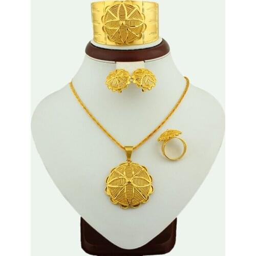 JH New Ethiopia Flower Hat Big Size Jewelry Set Gold Color Ethiopia African Brand Wedding Bride Jewelry Sets For Women Gifts