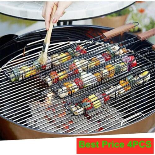 4 PCS Kabob Grilling Basket Reusable Durable Anti-Corrosion Wooden Handle Barbecue Tool Grill Basket Grill Net For Co-Worker