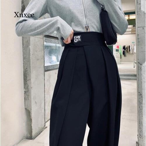 Black Letter Suit Straight Trousers High Waisted Avant Garde Womens Loose Wide Leg Long Pants Overalls Street Hip Hop Clothing