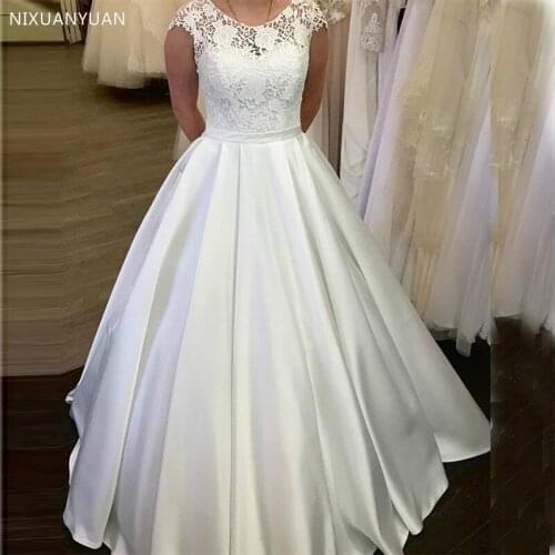 Lace Wedding Dresses Scoop Neck A Line White Ivory Floor Length Cap Sleeves Bridal Gowns Zipper Back Robe De Mariee