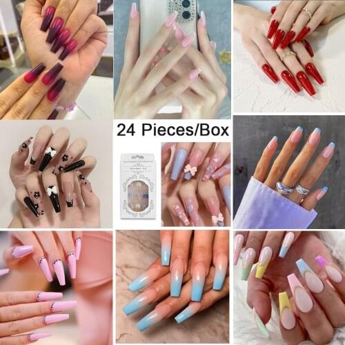 Buy 2 boxes to save shipping fee) 24 Pieces/Box False Coffin Nail Tips With Nail Adhesive Full Cover 12 Sizes Press On Nail Tip