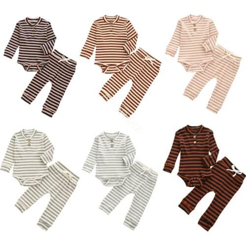 0-24M Casual Newborn Baby Boy Girl Long Sleeve Cotton Bodysuit Tops Long Pant Trouser 2PCS Striped Baby Clothing Set