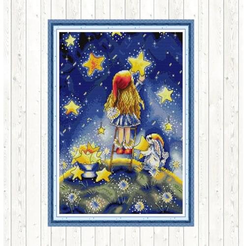 Girl Picking Stars DIY Handmade Cross Stitch Kits Fabric Needlework Kits 11CT 14CT Counted Printed Canvas Embroidery Threads Kit