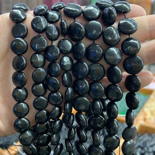 Natural Black Shungite Stone Beads 15'' Coin DIY Loose Healing Stone Beads For Jewelry Making Women Men Beads Bracelet Necklace
