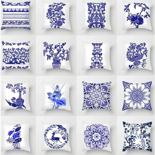 New Classical Home Sofa Cushion Retro Pillow Cover 45x45 Blue and White Porcelain Bedside Lumbar Cushion Cover Home Decoration