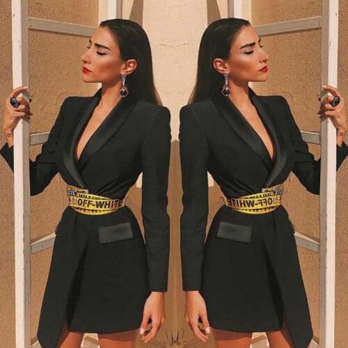 Wholesale 2020 Newest Women black Long sleeve Deep V-neck Belt decoration Fashion sexy Night club Celebrity dress