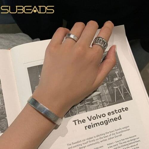 Subeads 925 Sterling Silver Retro Striped Geometry Open Bangle Exquisite Gorgeous Adjustable Bracelet&Bangle Party Jewelry Gifts