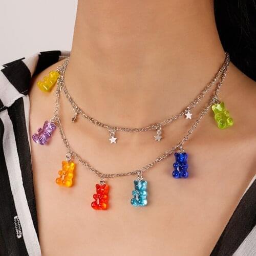 New Handmade Gummy Cartoon Bear Chain Layer Necklace Candy Color Pendant For Women Female Daily Jewelry Party 2021 Trend Gifts