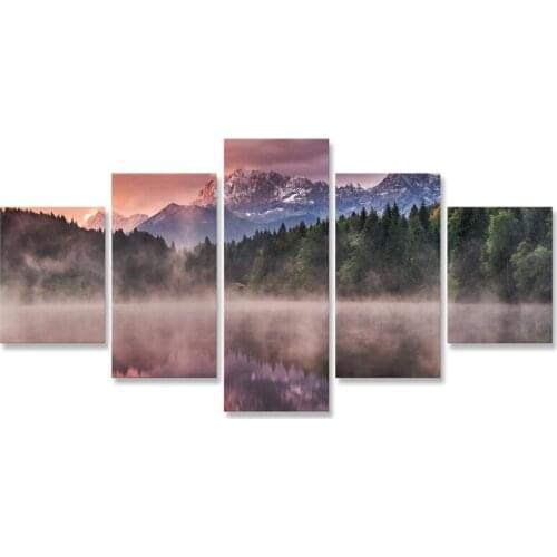 Landscape Lake Forest Mountains Wall Art 5 Panels Canvas Painting Wall Pictures for Living Room Modern Home Decor