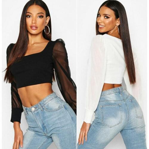 Sexy Womens See through Lace Mesh Sheer Long Sleeve Patchwork Crop Top T Shirt Tee Women Clothing Summer Hot T-Shirts
