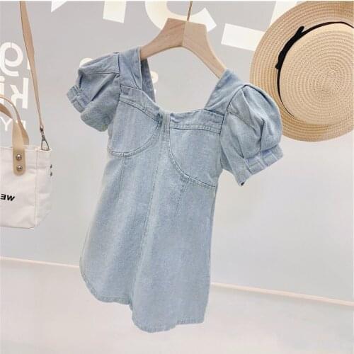 Dress For Girls Square Neck Puff Sleeve Denim Dress 2021 Summer New A-Line Dress Kids Costume Clothing