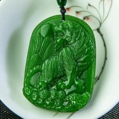 Natural Green Hand Carved Zodiac Tiger Jade Pendant Fashion Boutique Mens Zodiac Tiger Necklace Gift Accessories