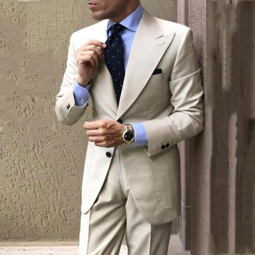 Latest Wide Peaked Designs Beige Suits for Men Attire Groom Tuxedo Groomsmen Outfit 2Piece Slim Terno Masculino Costume Homme