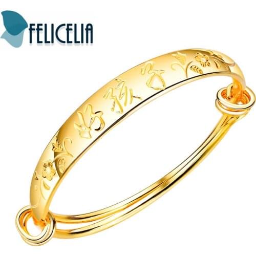 Felicelia Fashion Gold Color Expandable Bracelet Bangle For Children Boys Girls Engraving "Good Kids" In Chinese Characters