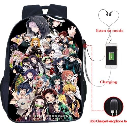 Anime Kimetsu No Yaiba USB Backpack Boy Girl Demon Slayer School Bag Childrdn Cartoon Bookbag Men Women USB Charge Travel Bag