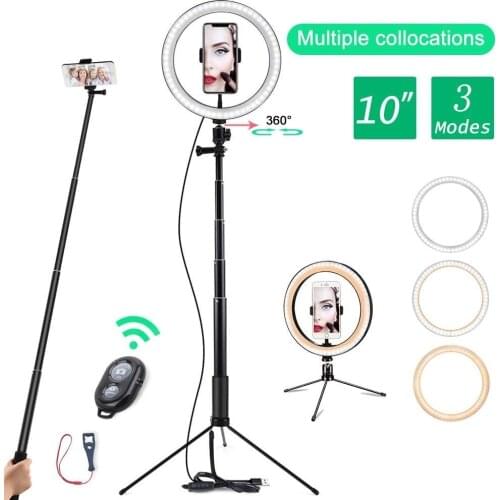 Handheld & Tripod 3 in 1 Self-Portrait Monopod Extendable Phone Selfie Stick with Wireless Remote Shutter LED Beauty Ring Light