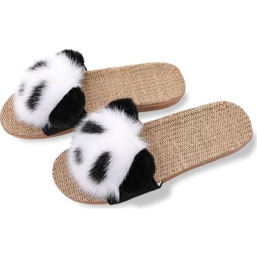 Home Linen Slippers Womens Summer New Cute Plush Panda Flax Slides Girls PVC Soled Flat Breathable Flip Flops Casual Flip Flops