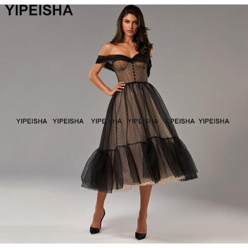 Yipeisha Vintage Tea Length Cocktail Dresses Off-shoulder A-line Black Prom Gown Dot Tulle Short Homecoming Dress Robe de Soiree