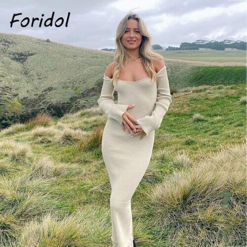 Foridol Square Collar Knitted Bodycon Sweater Dress Long Sleeve Autumn Winter Ribbed Soft Slim Long Dress White Sweater Dress
