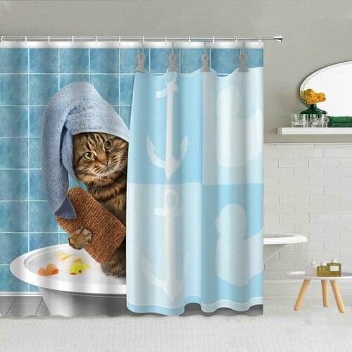 Lovely Pet Cat Shower Curtain Funny Bathing Fishing Riding Motorcycle Repair Experiment Children Bathtub Bathroom Decor Curtains