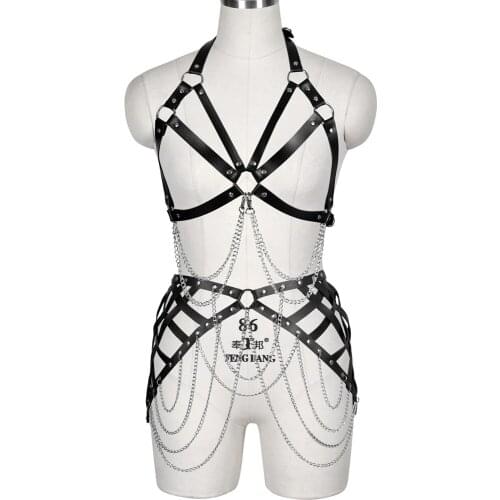 Leather Harness Woman Sexy Stockings Bdsm Bondage Chain Goth Accessories Erotic Lingerie Set Garter Belt Festival Clothing Rave